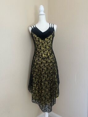 Yellow Black Lace Overlay High Low Dress S Whimsigoth Victorian Y2K V Neck